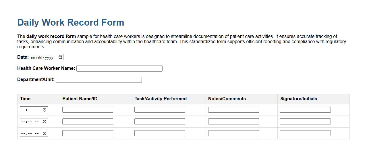 Daily work record form sample for health care workers image preview