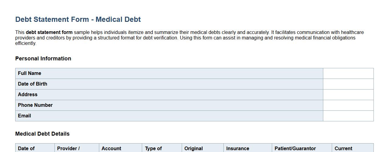 Debt statement form sample for medical debt image preview
