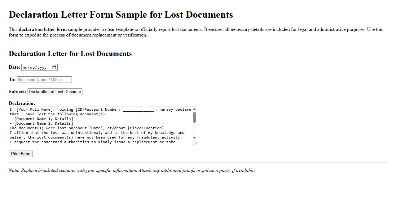Declaration letter form sample for lost documents image preview