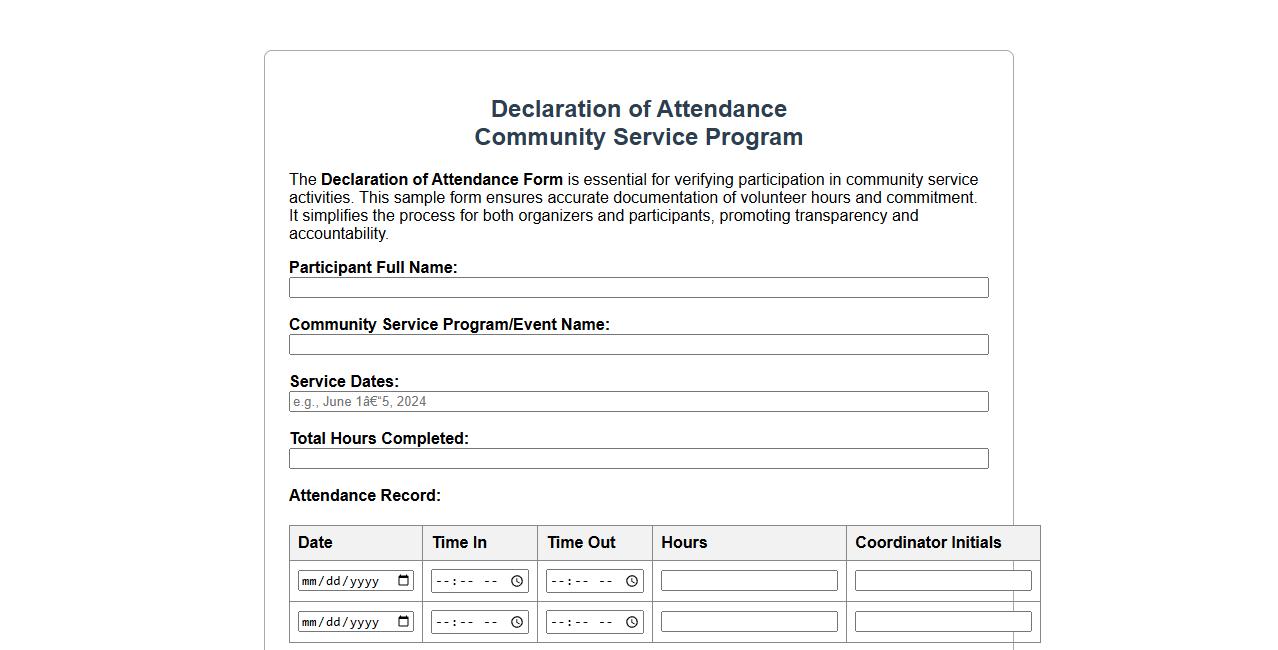Declaration of attendance form sample for community service image preview