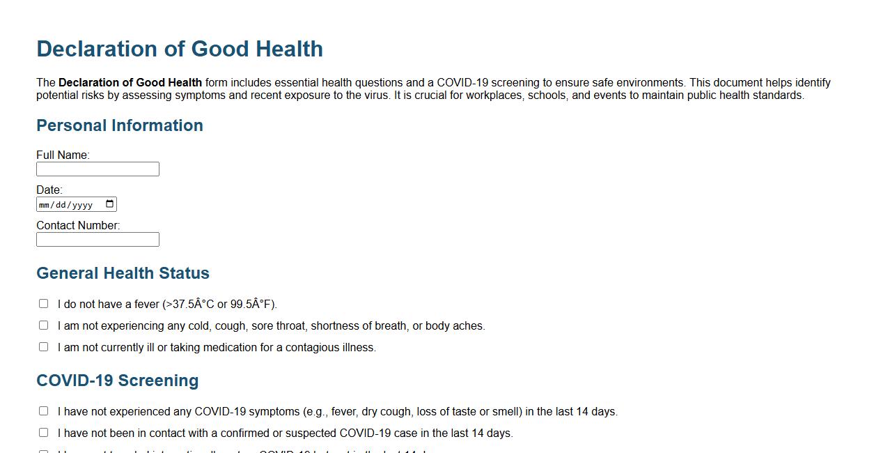 Declaration of Good Health form sample including COVID-19 screening image preview