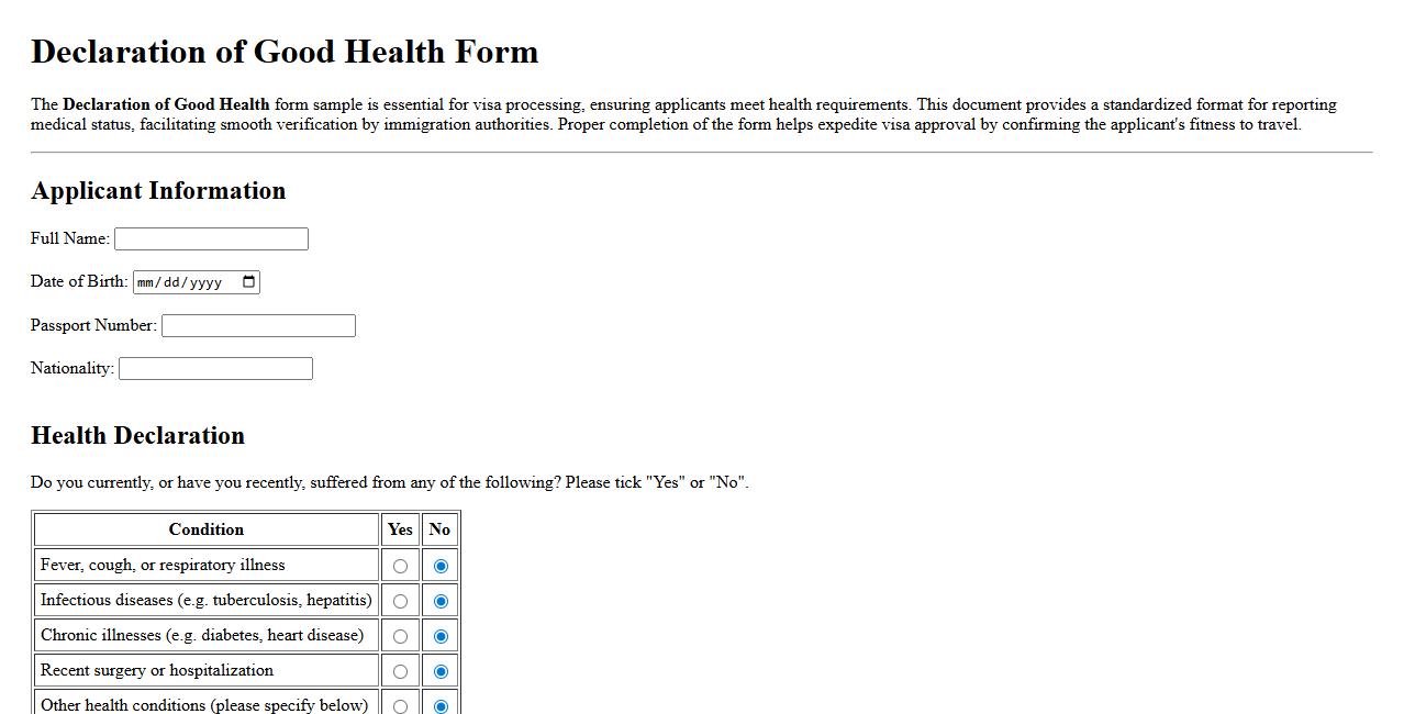 Declaration of Good Health form sample for visa processing image preview