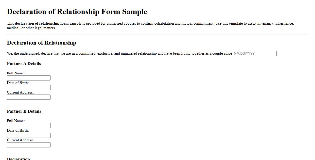 declaration of relationship form sample for unmarried couples image preview