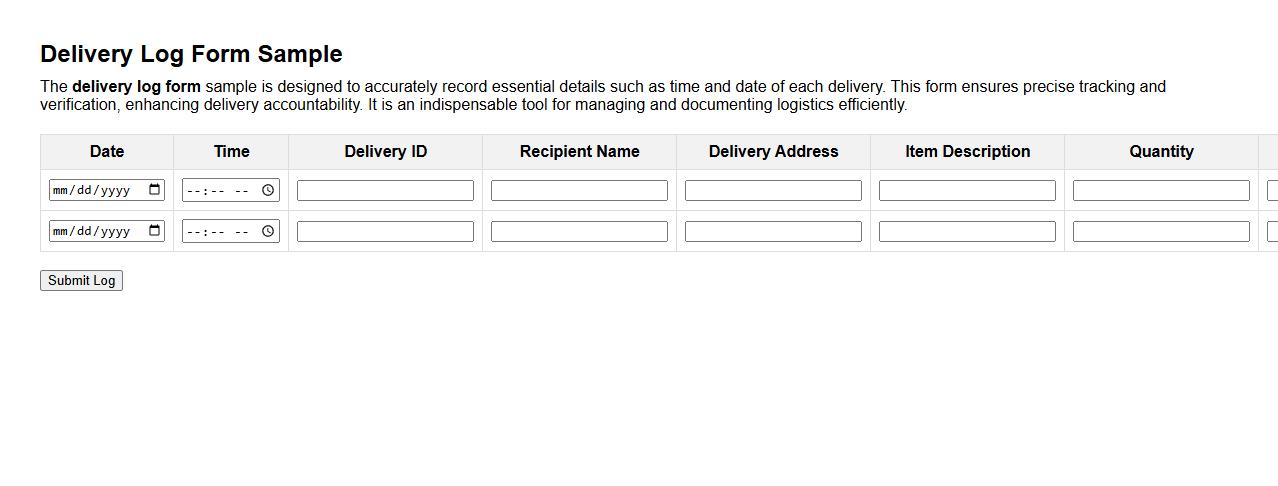 delivery log form sample including time and date image preview