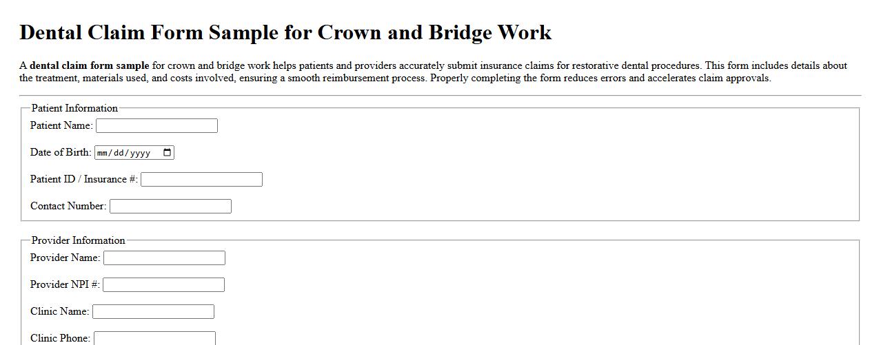 Dental claim form sample for crown and bridge work image preview