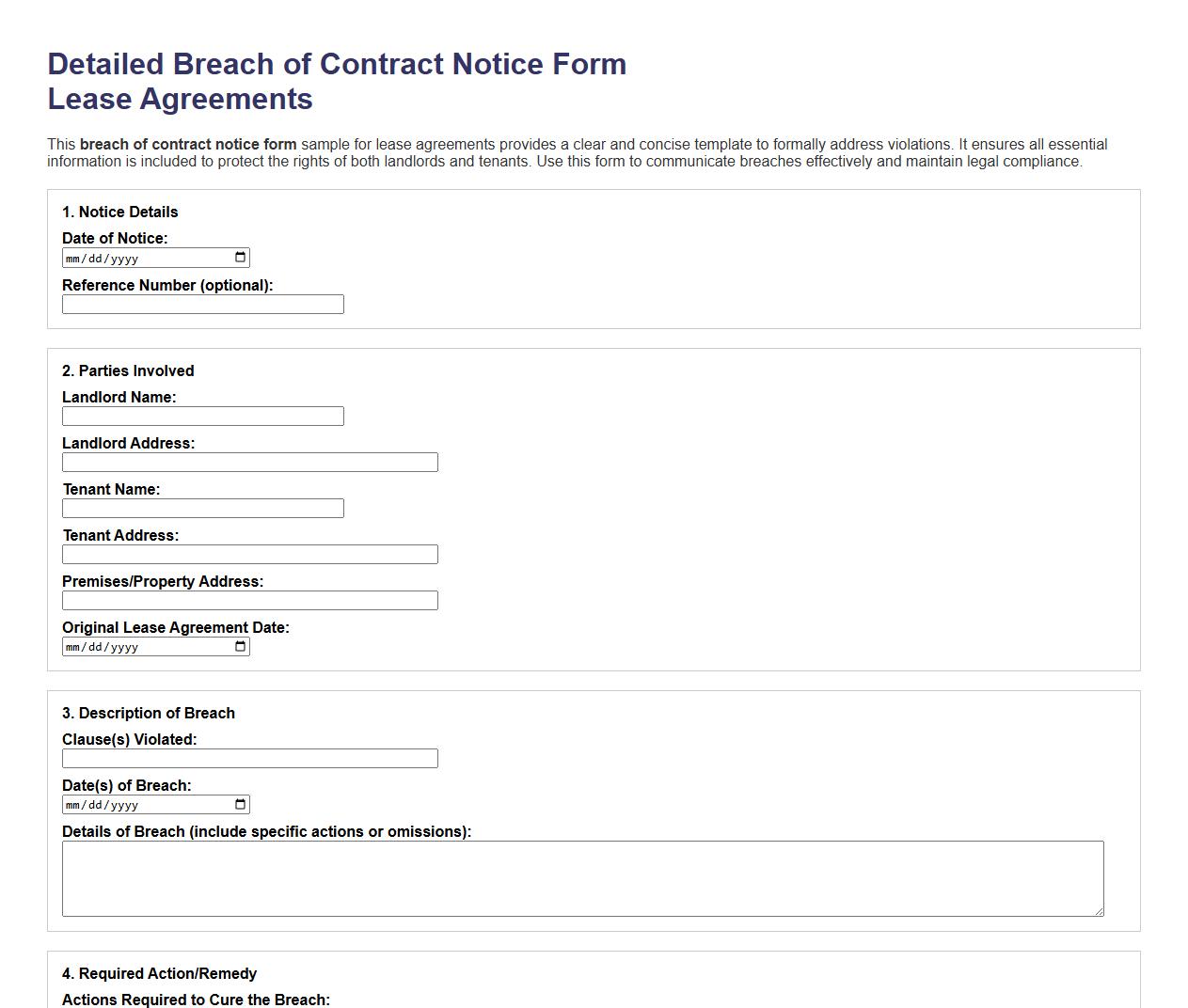 Detailed breach of contract notice form sample for lease agreements image preview