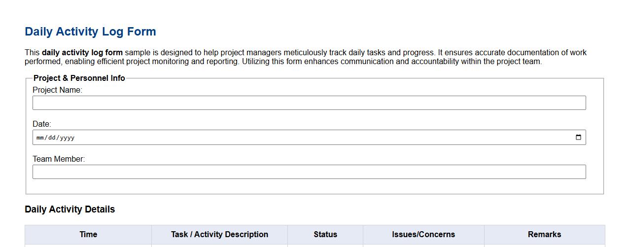 detailed daily activity log form sample for project management image preview