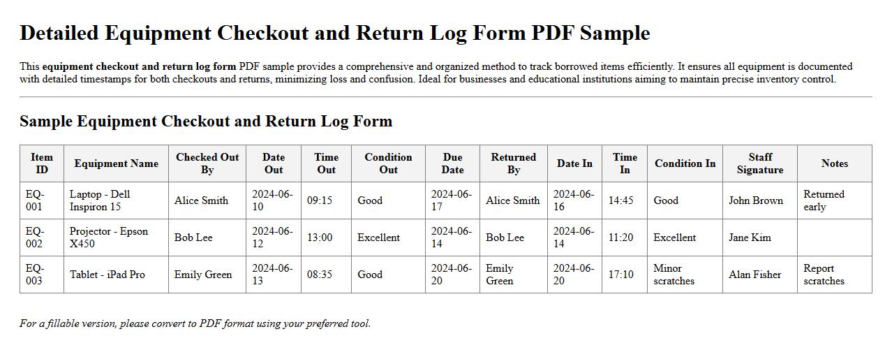 Detailed equipment checkout and return log form PDF sample image preview
