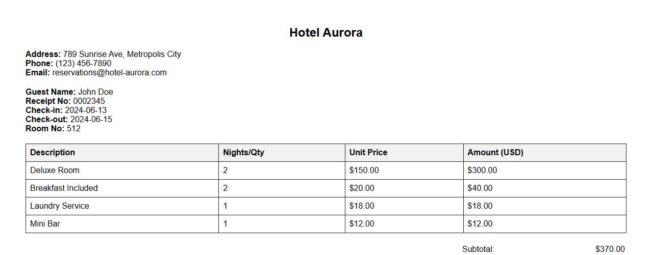 Detailed hotel receipt format with breakdown of charges image preview