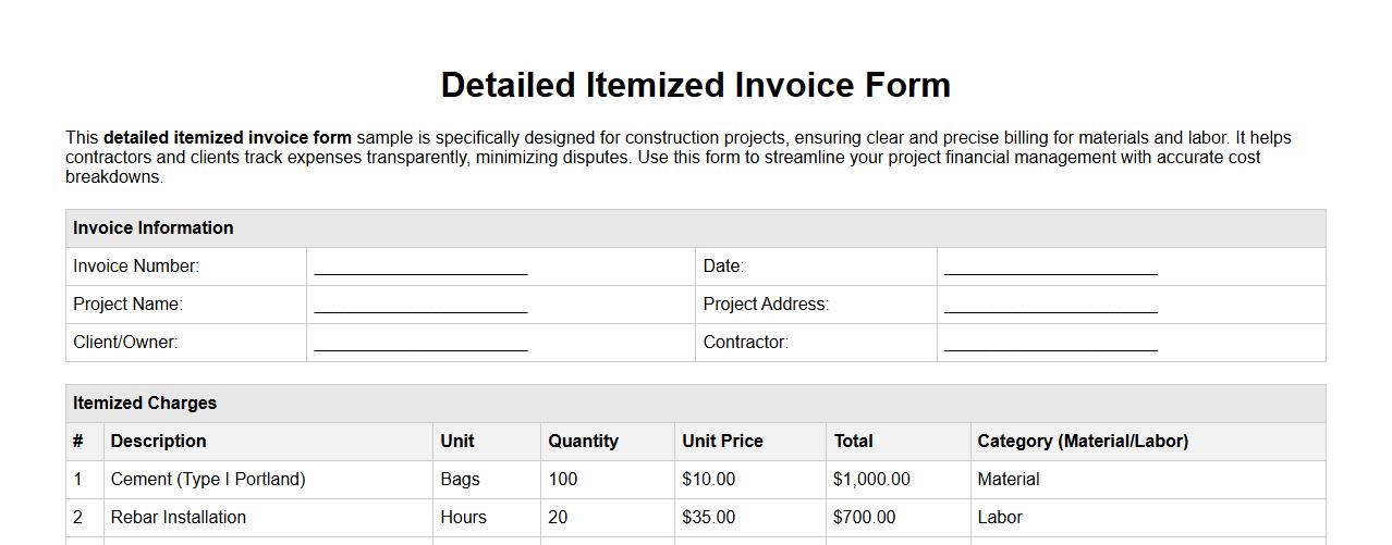 detailed itemized invoice form sample for construction projects image preview