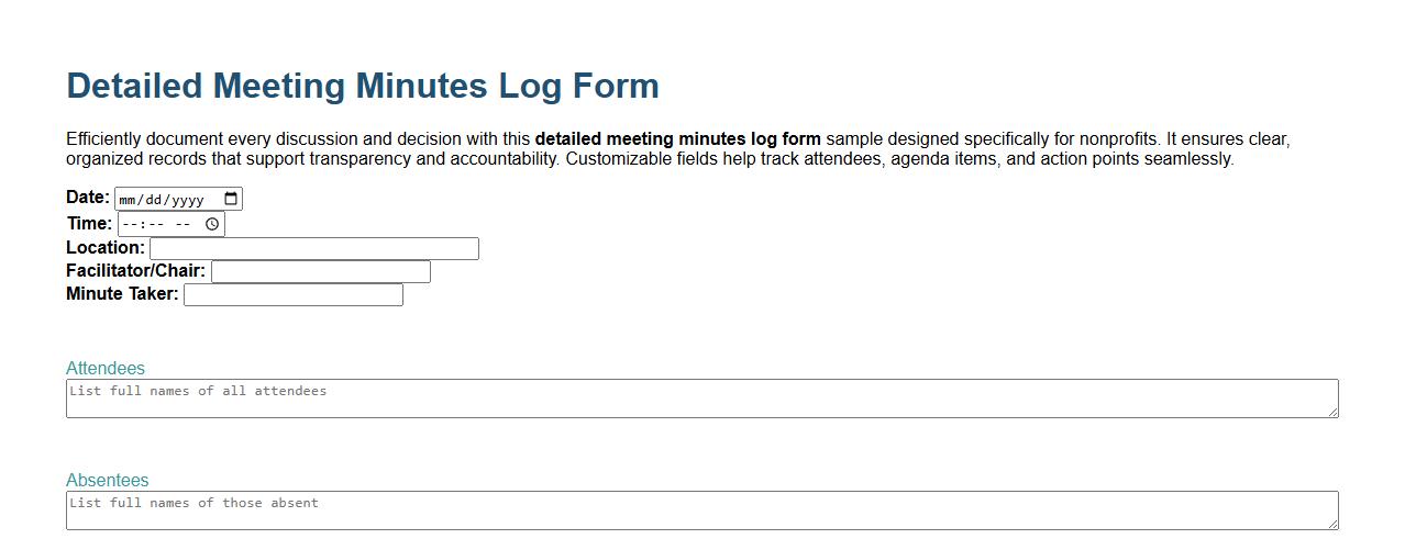 Detailed meeting minutes log form sample for nonprofits image preview