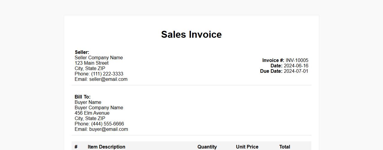 detailed sales invoice form sample with itemized list image preview