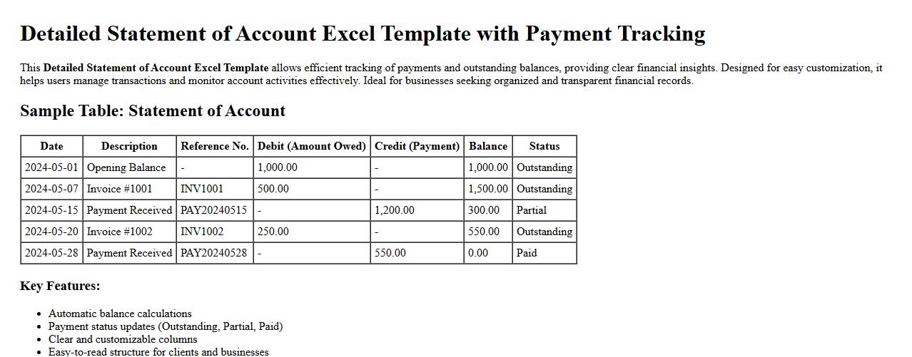 Detailed statement of account Excel template with payment tracking image preview
