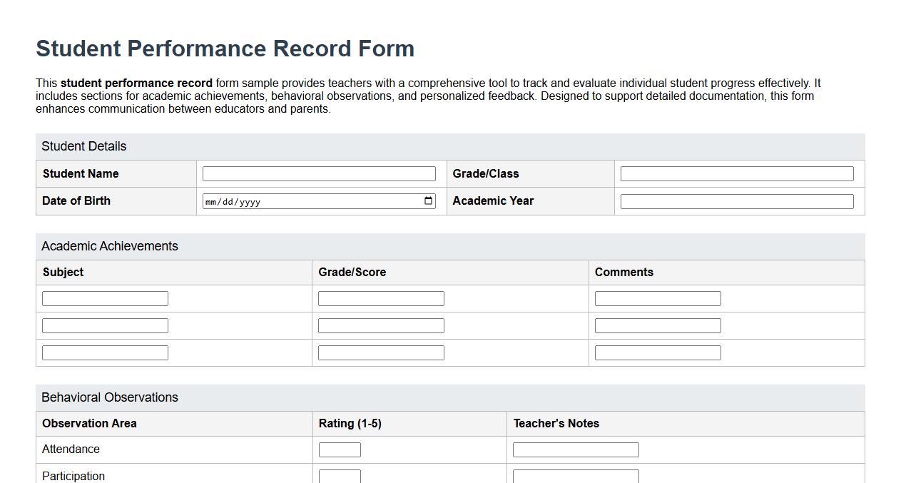 Detailed student performance record form sample for teachers image preview