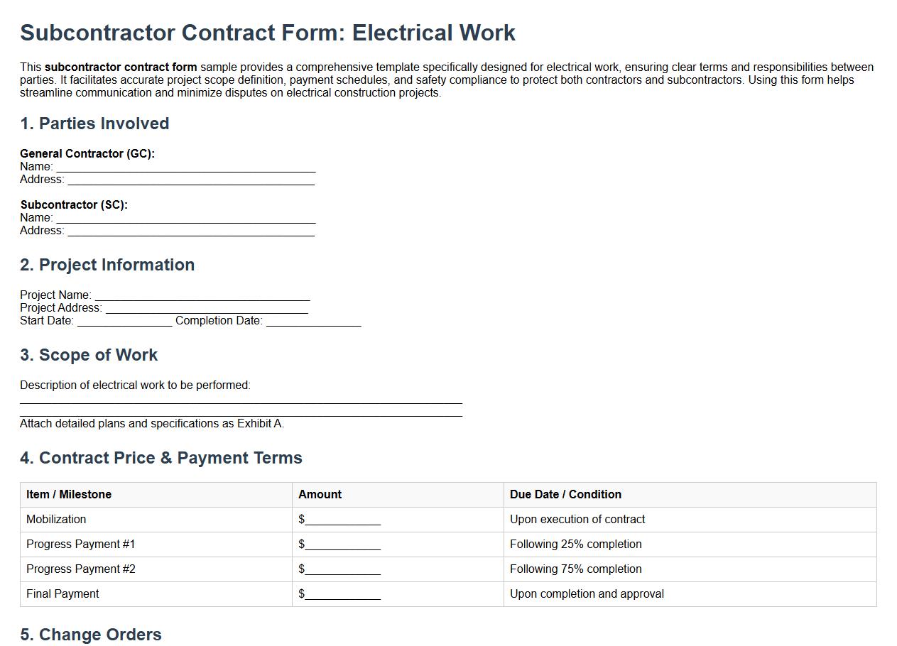 detailed subcontractor contract form sample for electrical work image preview