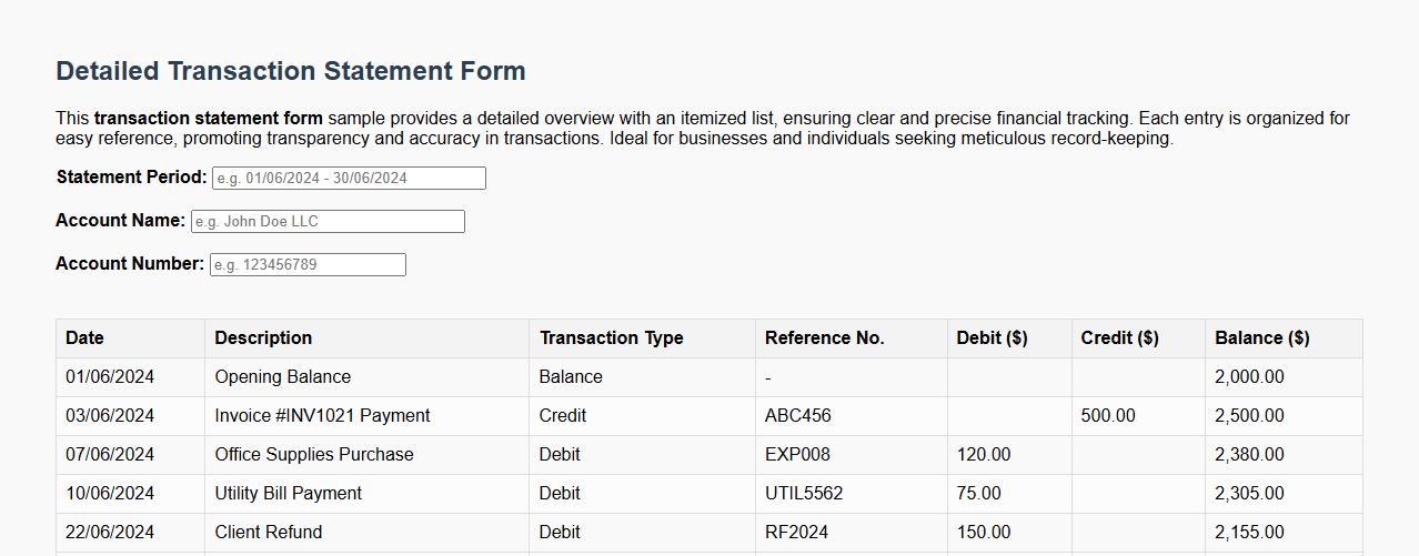 Detailed transaction statement form sample with itemized list image preview