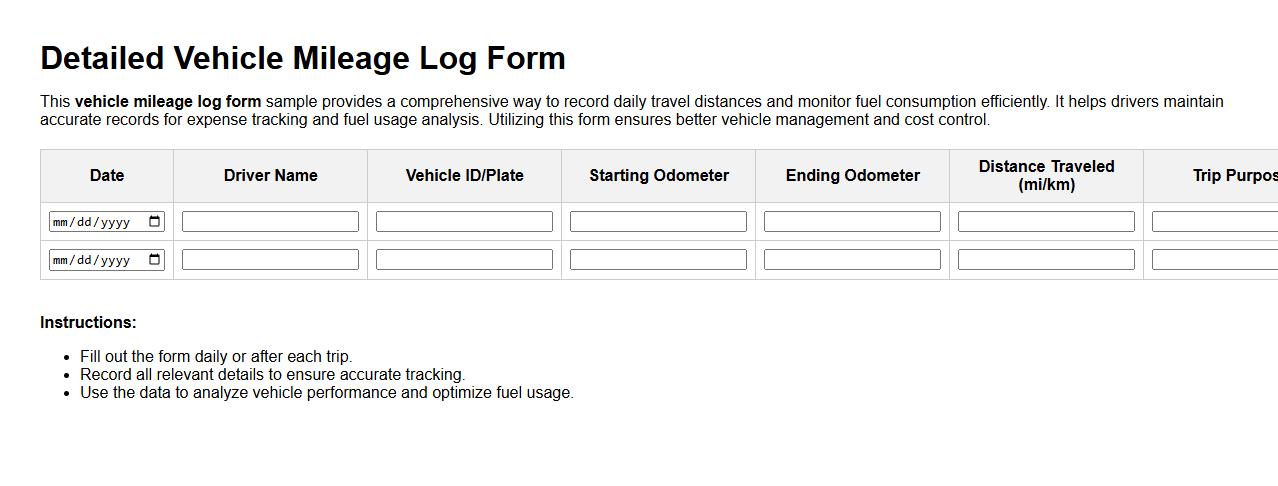 Detailed vehicle mileage log form sample with fuel tracking image preview