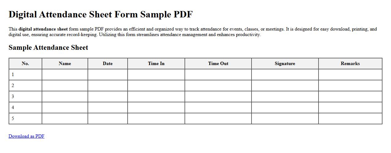 Digital attendance sheet form sample PDF image preview