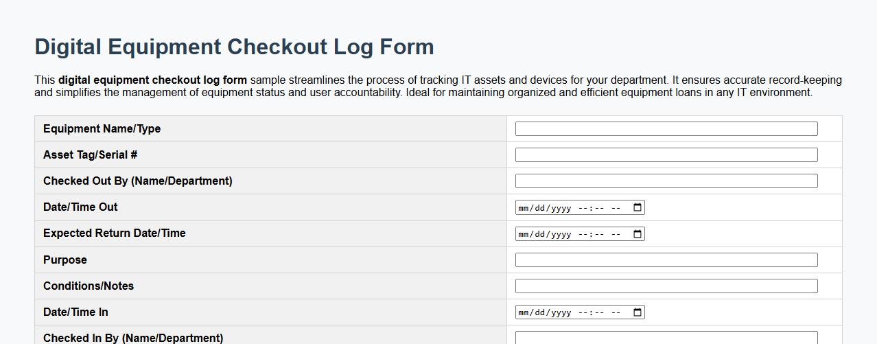 Digital equipment checkout log form sample for IT departments image preview