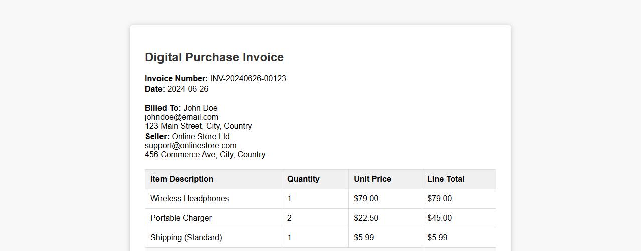 Digital purchase invoice format for online purchases image preview