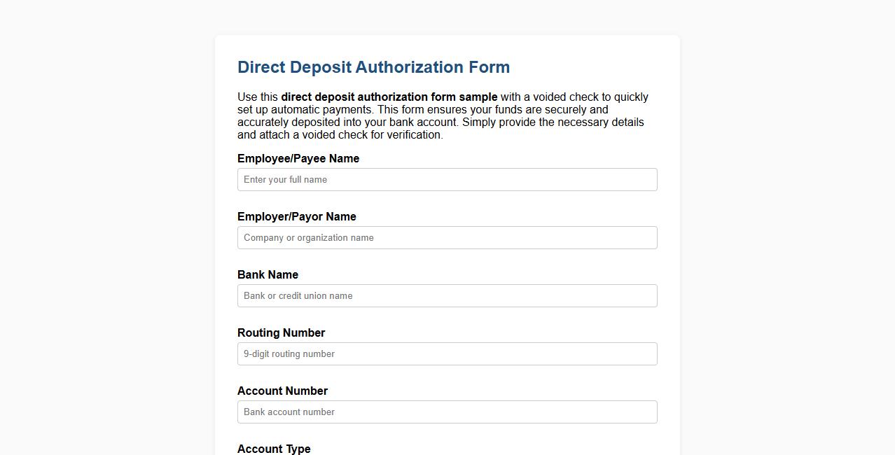 direct deposit authorization form sample with voided check image preview