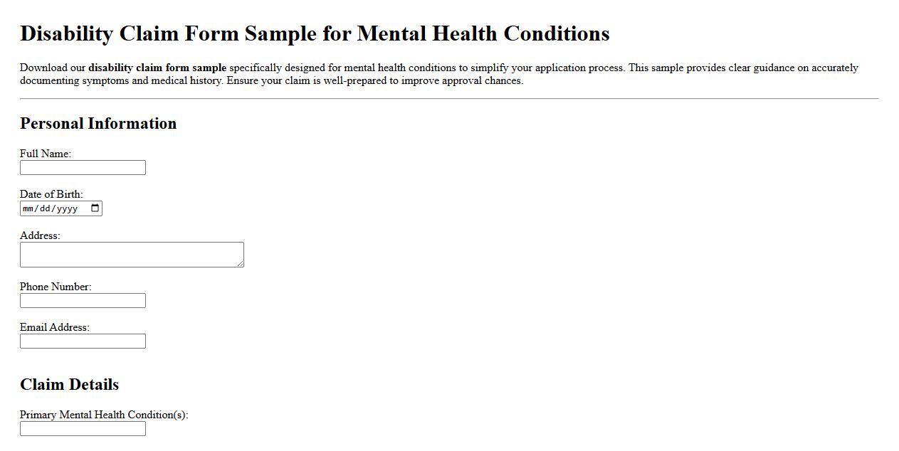 Disability claim form sample for mental health conditions image preview