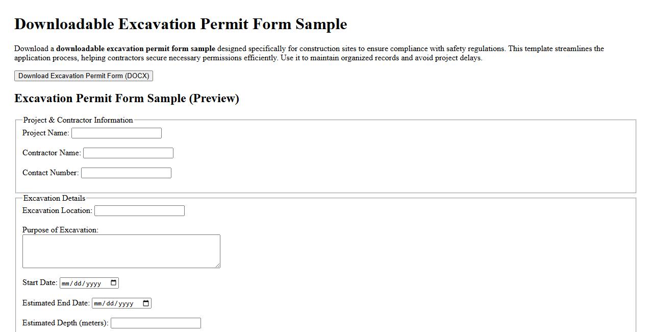 downloadable excavation permit form sample for construction sites image preview