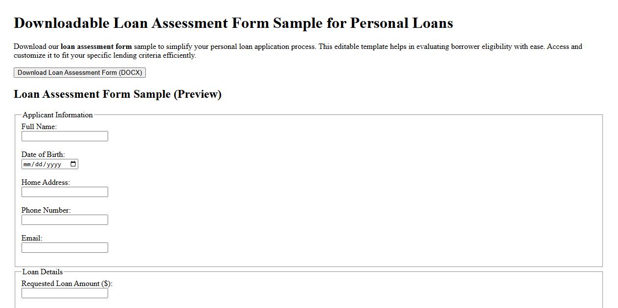 downloadable loan assessment form sample for personal loans image preview