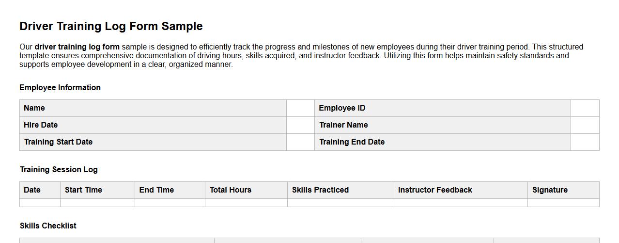 driver training log form sample for new employees image preview