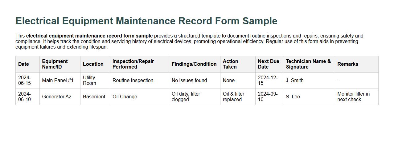 Electrical equipment maintenance record form sample image preview