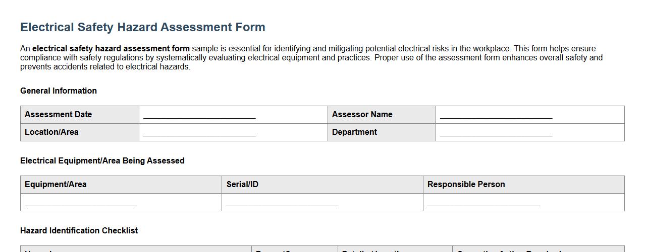 electrical safety hazard assessment form sample image preview