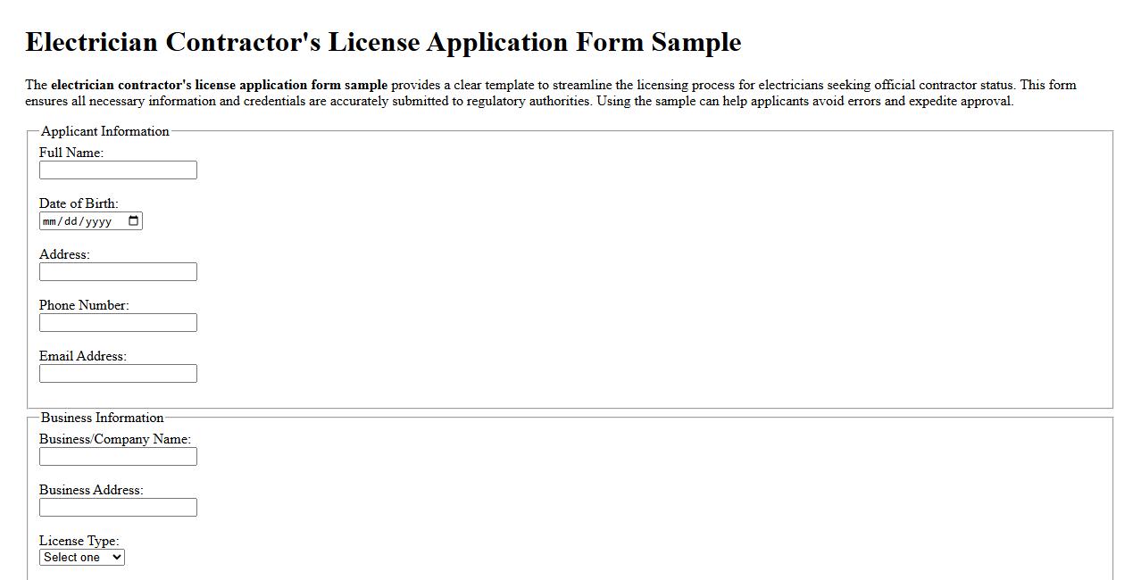 electrician contractor’s license application form sample image preview
