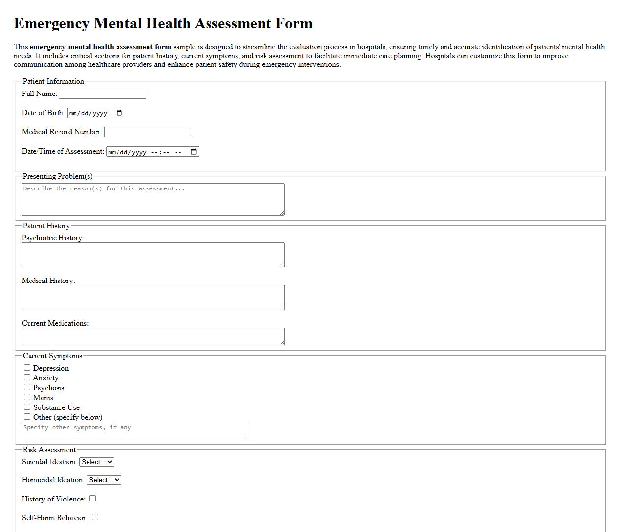 Emergency mental health assessment form sample for hospitals image preview