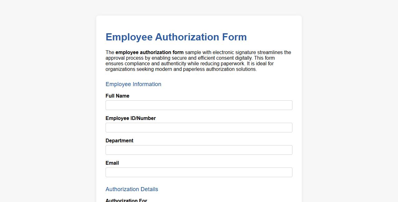 Employee authorization form sample with electronic signature image preview