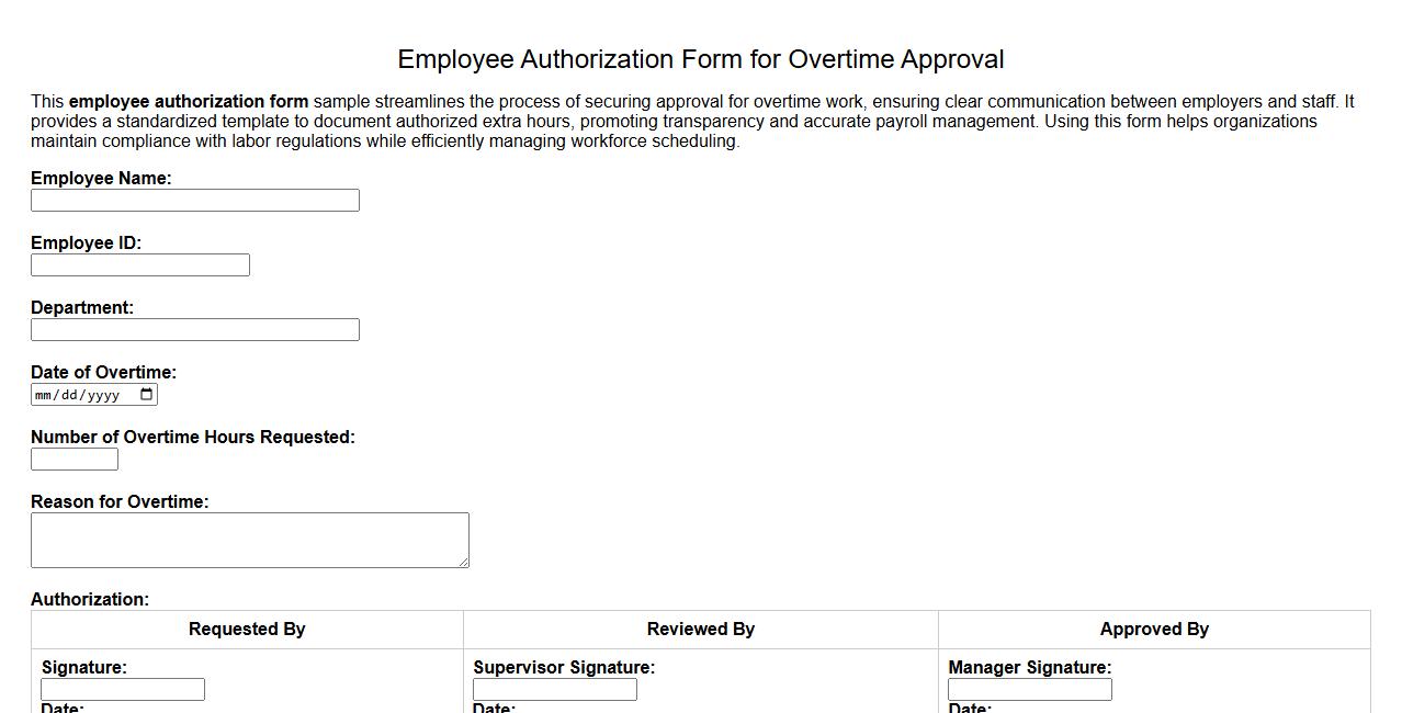 Employee authorization form sample for overtime approval image preview