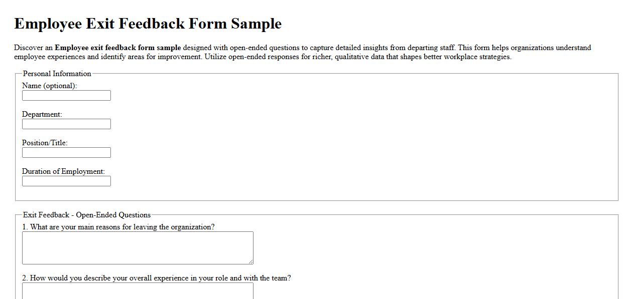Employee exit feedback form sample with open-ended questions image preview