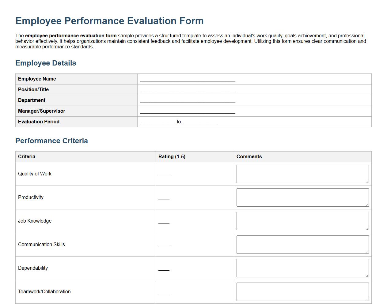 Employee performance evaluation form sample image preview