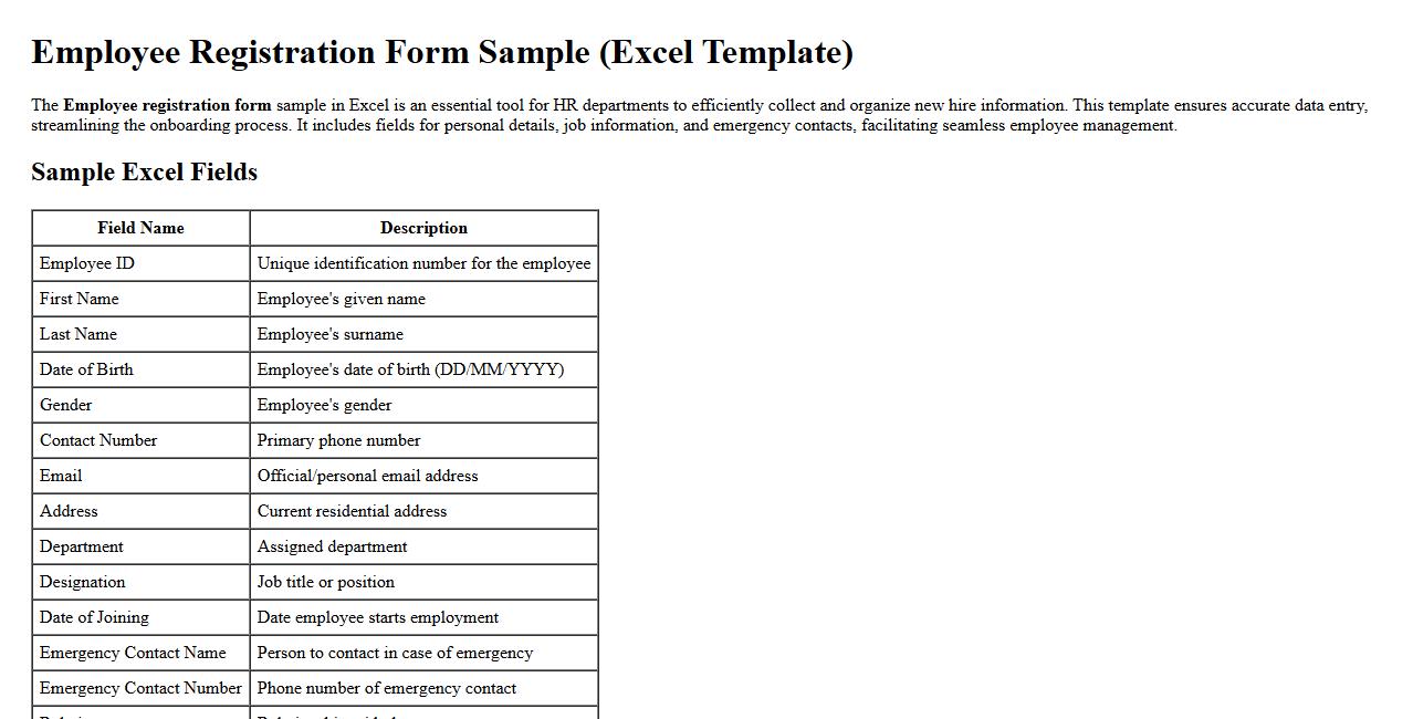 Employee registration form sample excel for HR image preview