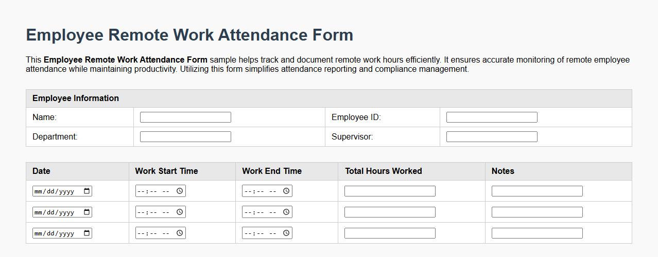 Employee remote work attendance form sample image preview