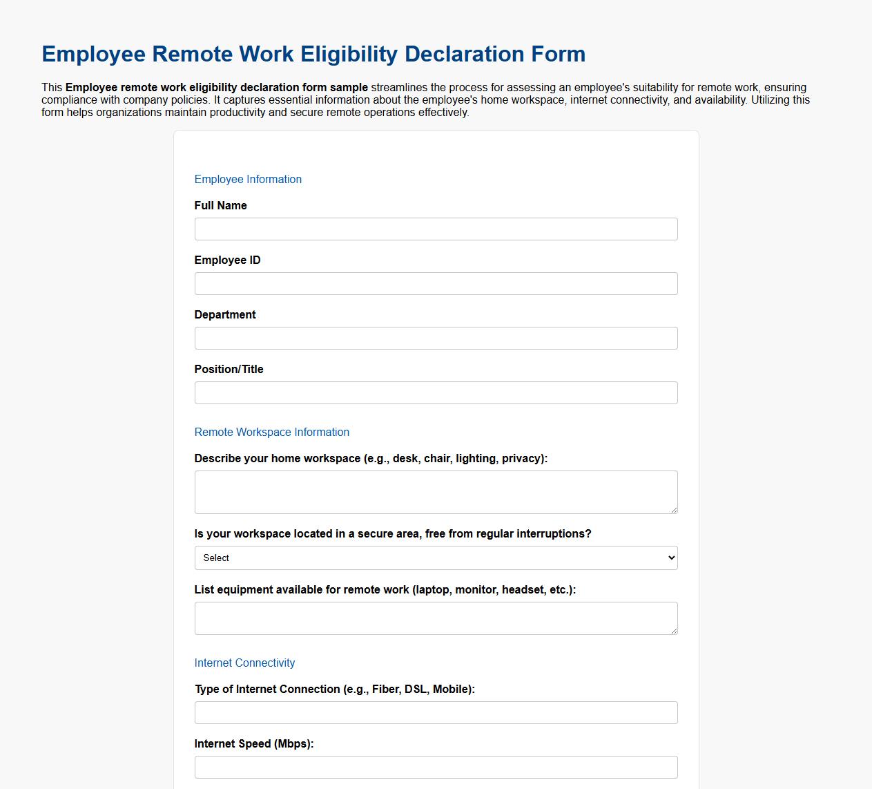 Employee remote work eligibility declaration form sample image preview