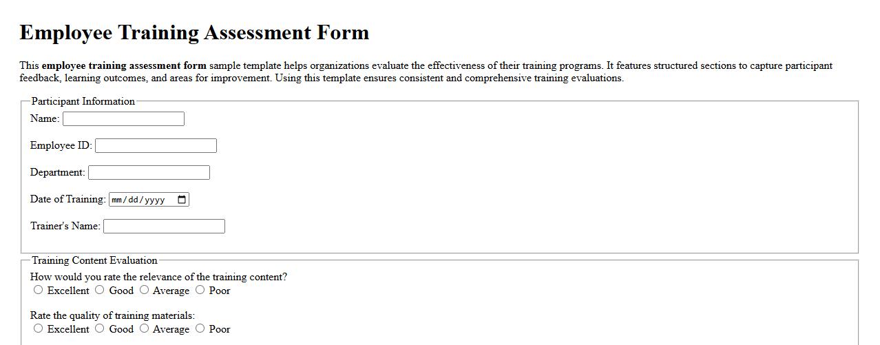Employee training assessment form sample template image preview