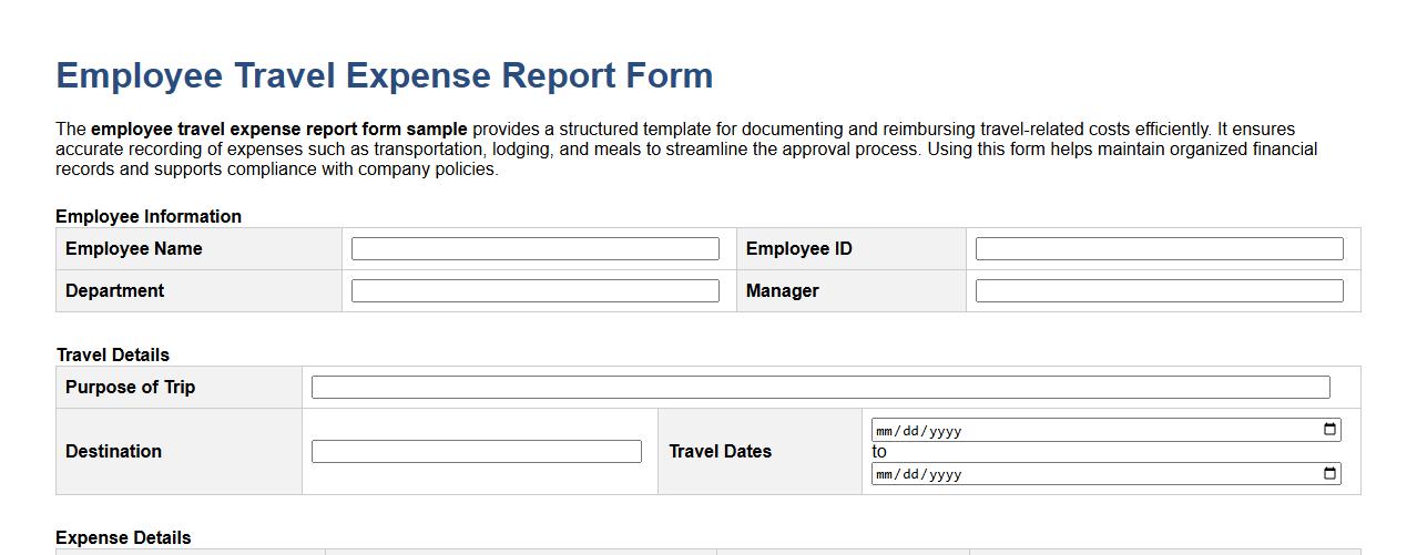 employee travel expense report form sample image preview