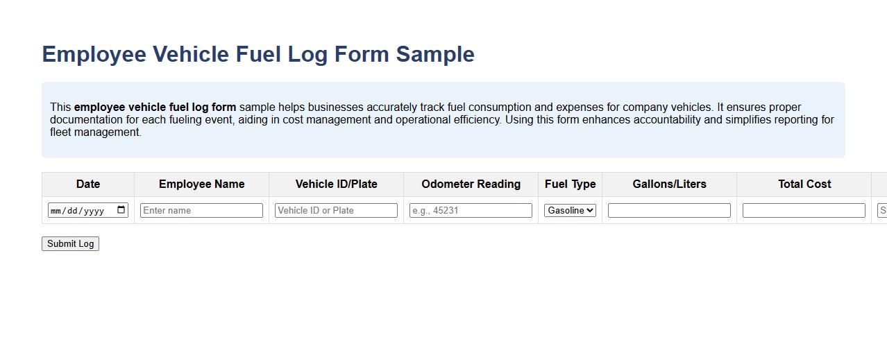 Employee vehicle fuel log form sample image preview