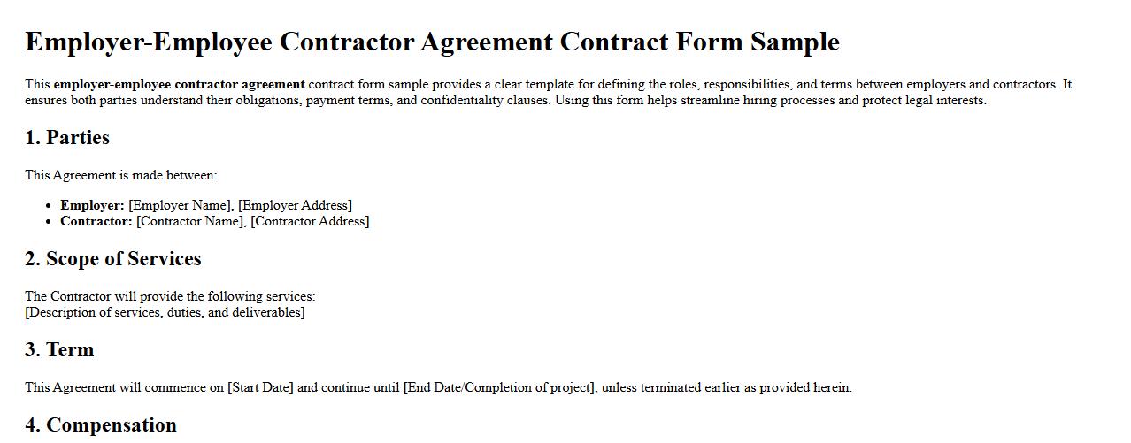 Employer-employee contractor agreement contract form sample image preview