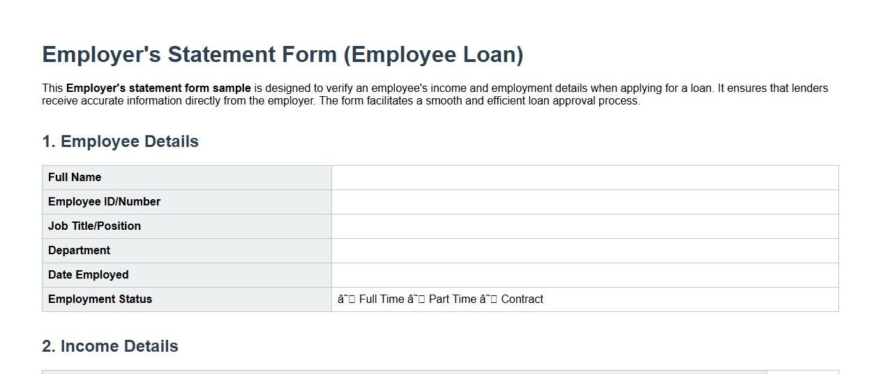 Employer’s statement form sample for employee loan image preview
