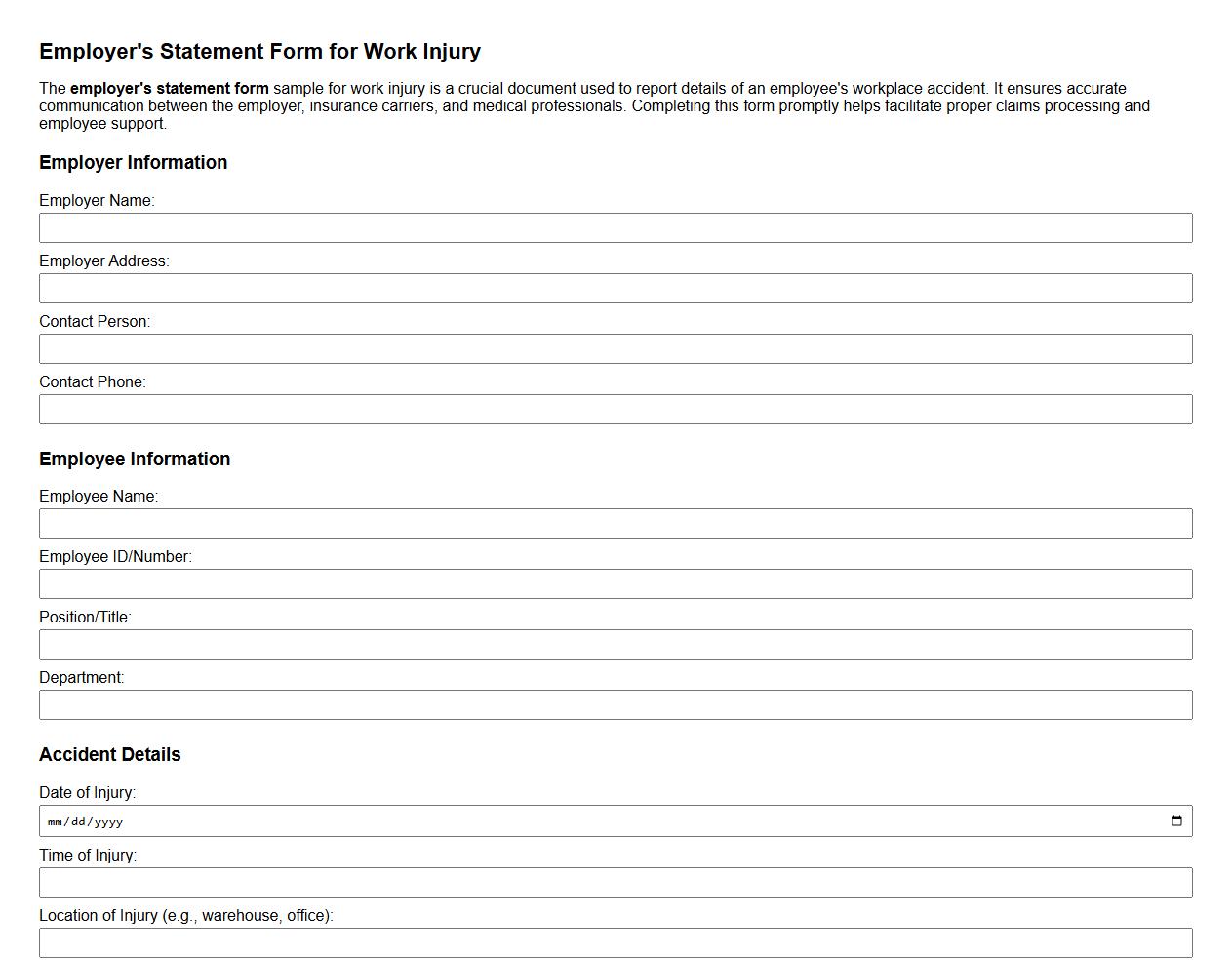 Employer’s statement form sample for work injury image preview
