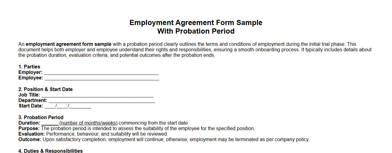 Employment agreement form sample with probation period image preview