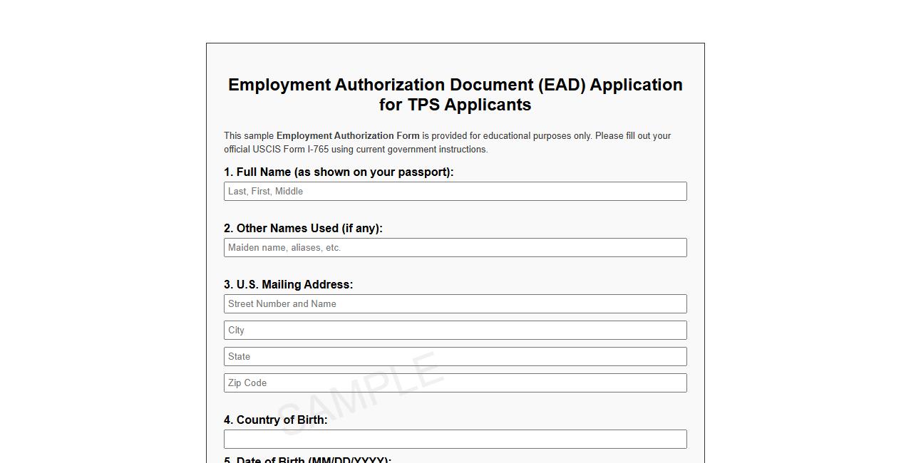 Employment Authorization Form sample for TPS applicants image preview