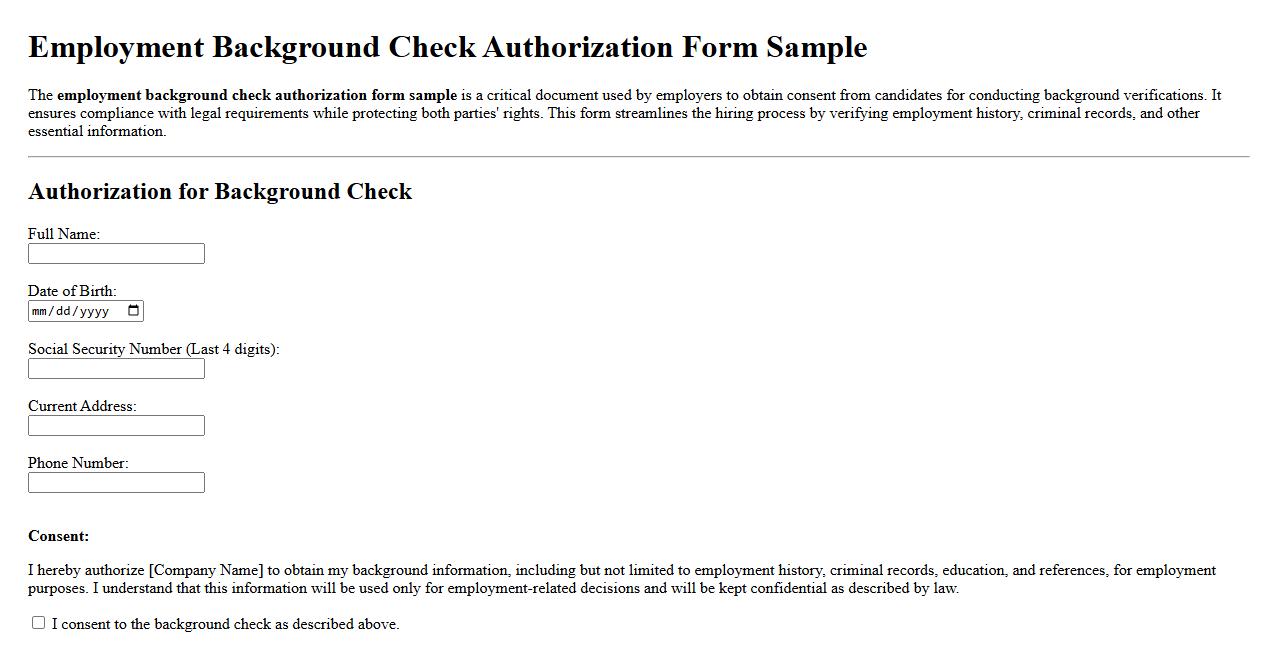 employment background check authorization form sample image preview