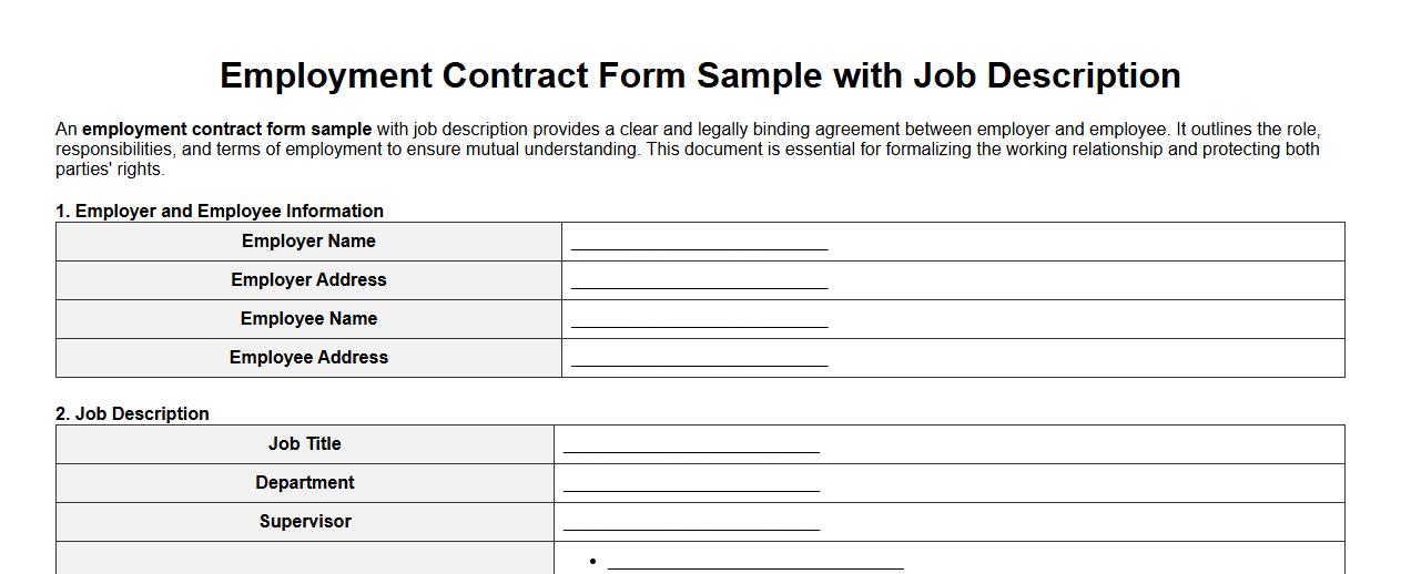 Employment contract form sample with job description image preview
